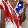 Topshot zolucky | Flag Star Striped Printed Casual Loosen V Neck Short Sleeve Independence Day T-Shirt With America Flag As Picture