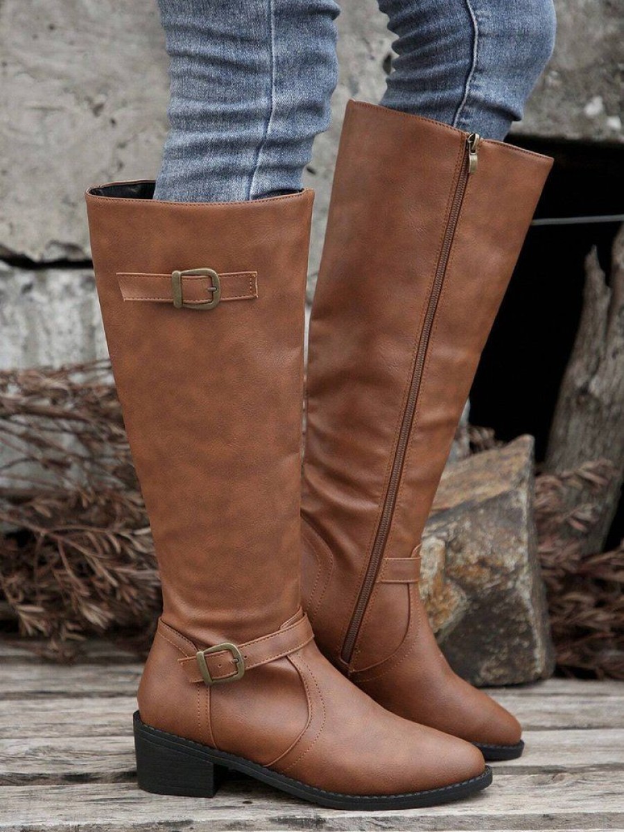 Shoes zolucky | Vintage Buckle Strap Mid-Calf Riding Boots