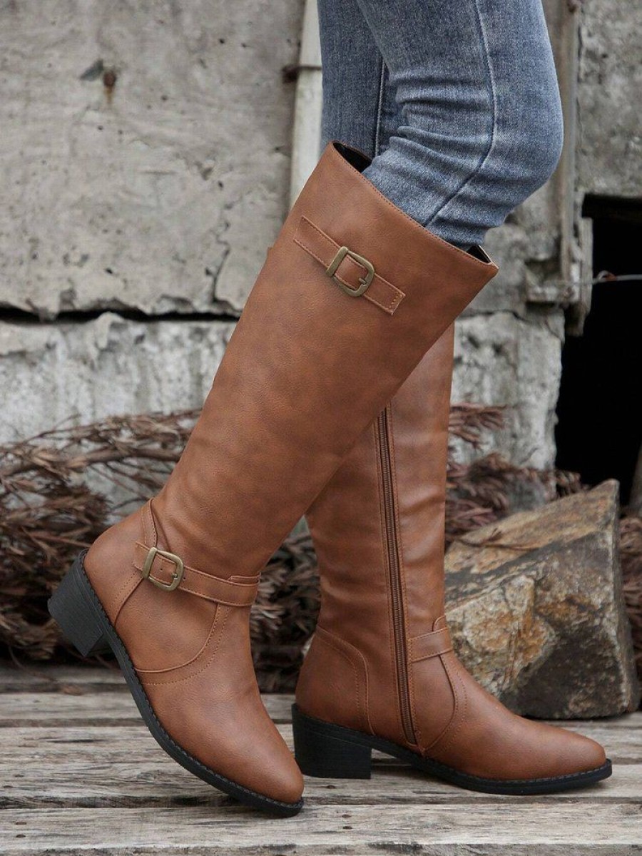 Shoes zolucky | Vintage Buckle Strap Mid-Calf Riding Boots