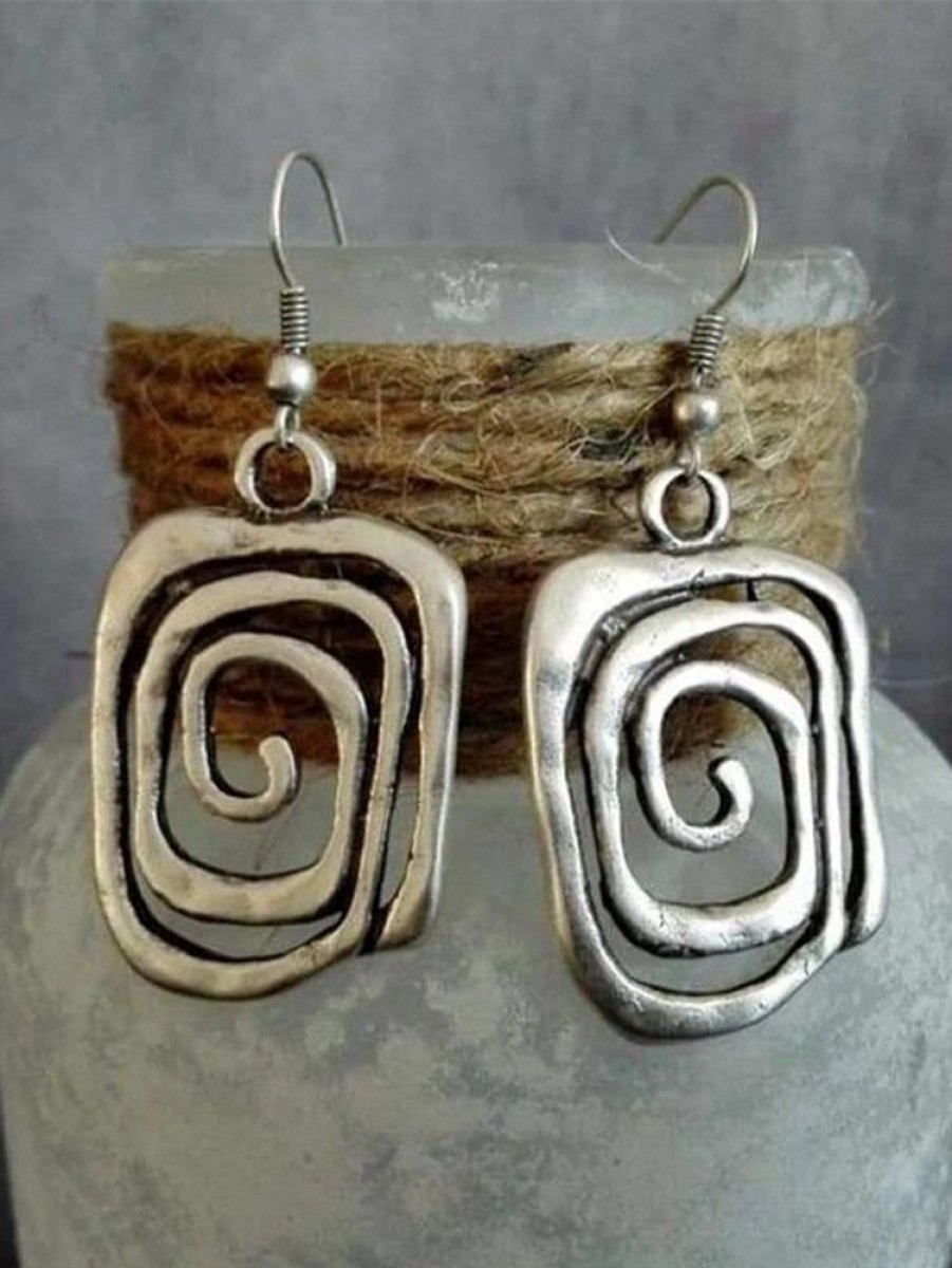 Accessories zolucky | Ethnic Style Line Pattern Distressed Dangle Earrings Vintage Jewelry Silver