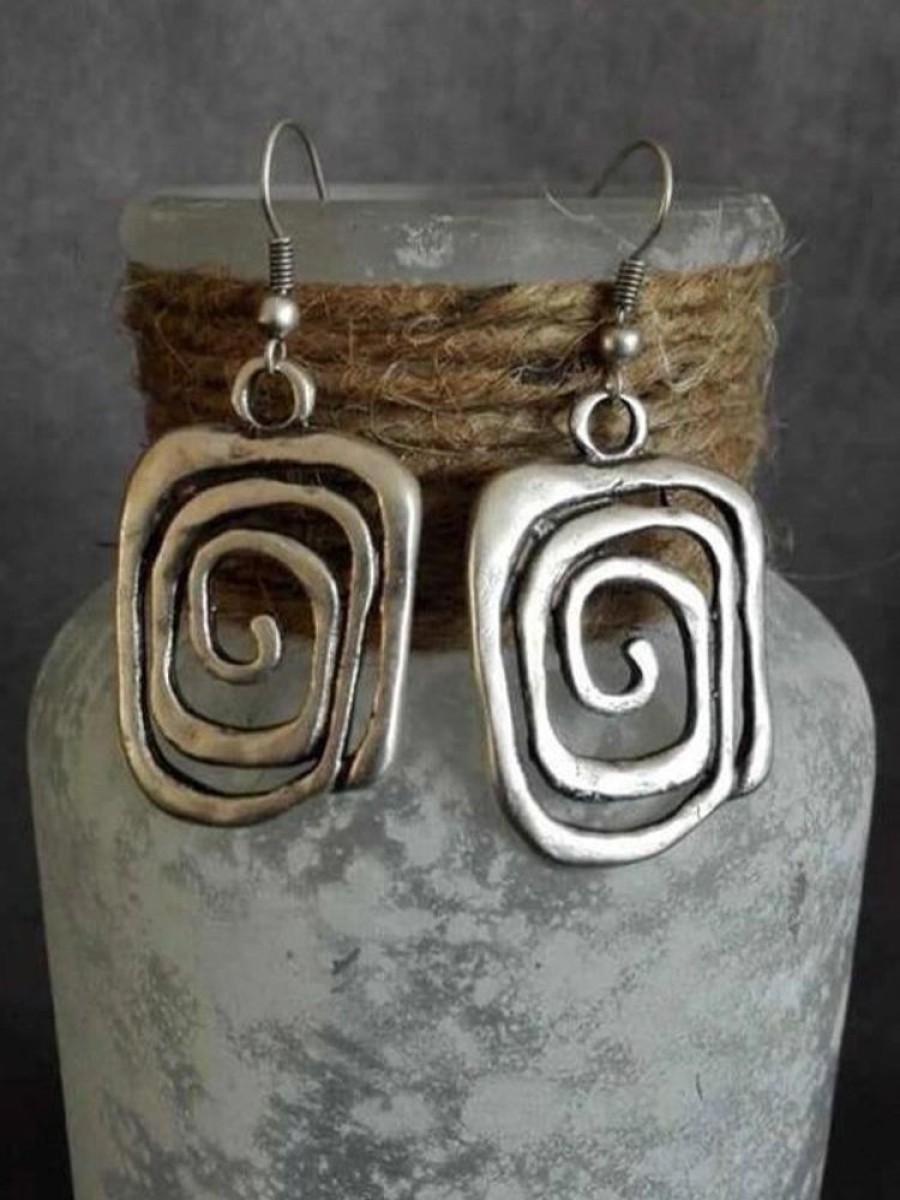 Accessories zolucky | Ethnic Style Line Pattern Distressed Dangle Earrings Vintage Jewelry Silver