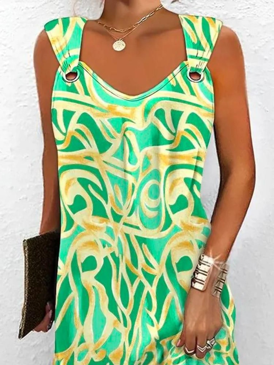 Dresses zolucky | Casual Abstract Print V Neck Dress Green