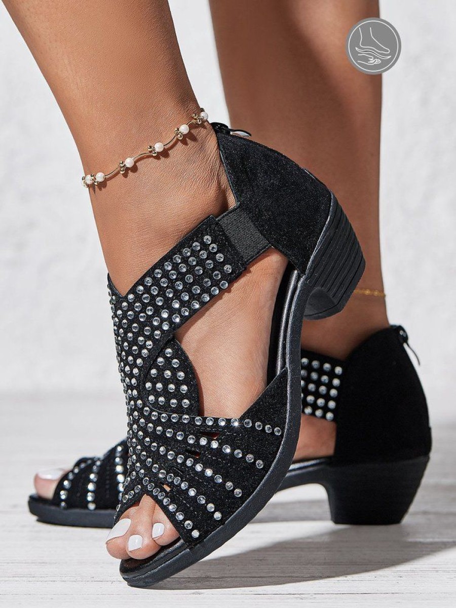 Shoes zolucky | Rhinestone Hollow Peep Toe Chunky Heel Dress Sandals