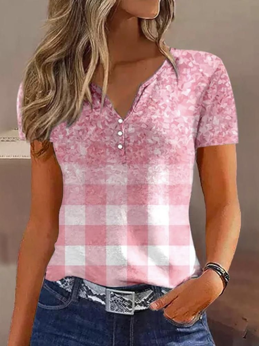 Plus&Curve zolucky | Plus Size Notched Buttoned Plaid Casual T-Shirt Pink