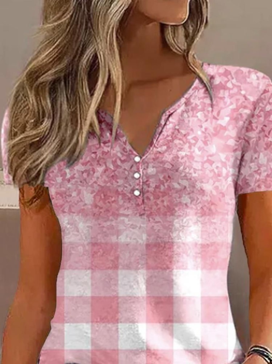 Plus&Curve zolucky | Plus Size Notched Buttoned Plaid Casual T-Shirt Pink