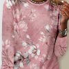 Topshot zolucky | Women'S Floral Print Simple Crew Neck Long Sleeve Shirt Pink