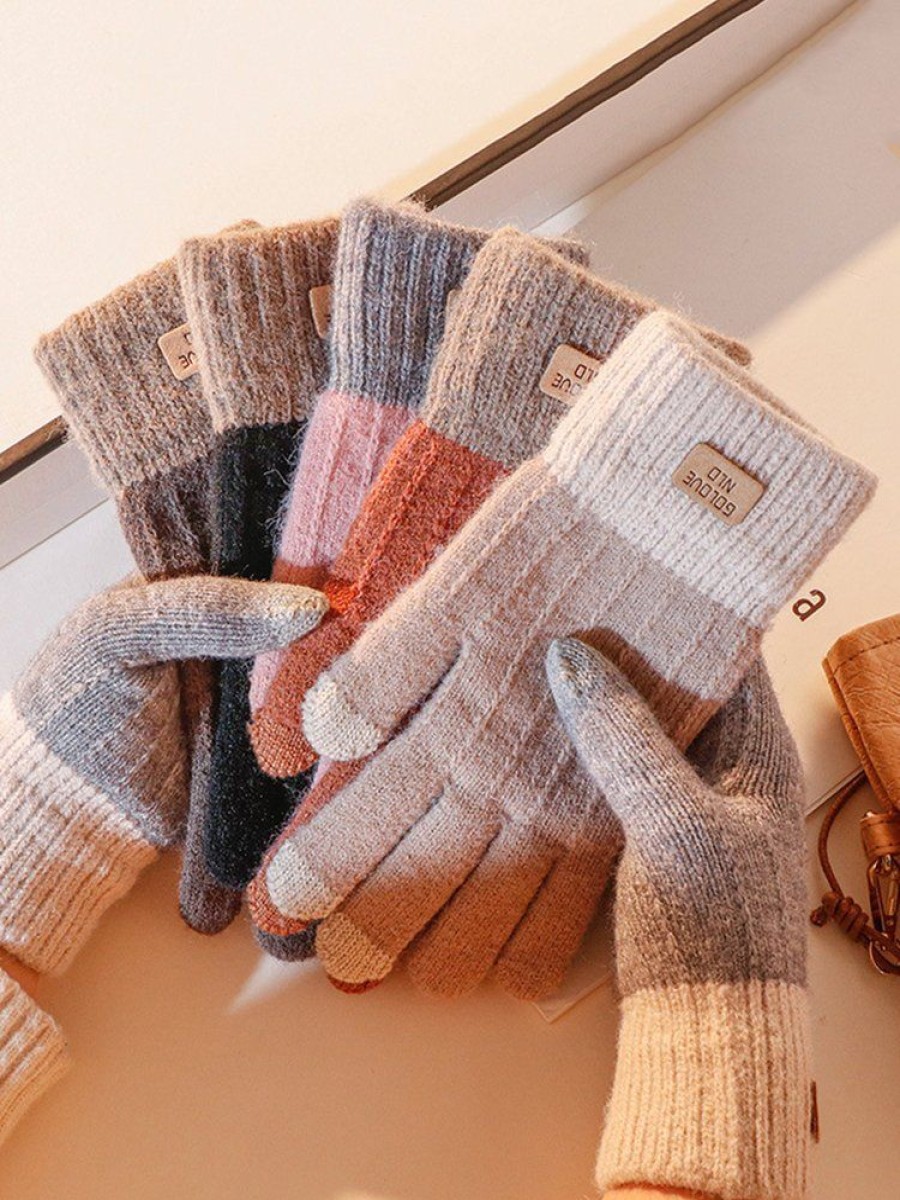 Accessories zolucky | Women Winter Wool-Blend Heavyweight Casual Color Block Five-Finger Gloves