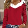 Topshot zolucky | Christmas Plain Fur Collar Cotton-Blend Holiday Casual V Neck H-Line Long Sleeve T-Shirt Red