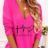 Plus&Curve zolucky | Plus Size Casual Long Sleeve V Neck Printed Top T-Shirt Pink