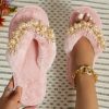 Shoes zolucky | Elegant Applique Imitation Pearls Fluffy Flip-Flops Slippers