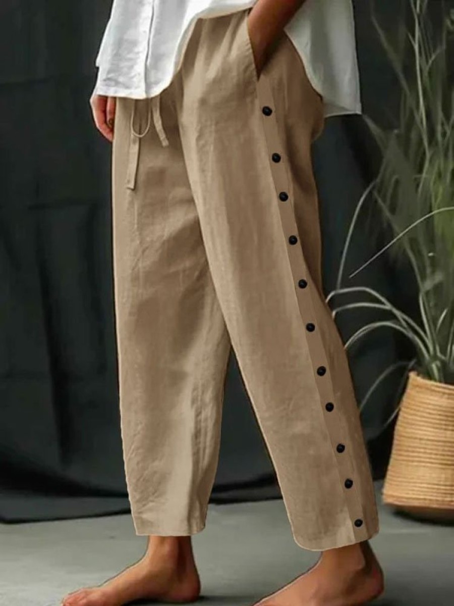 Bottoms zolucky | Buttoned Casual Cotton Loose Pants Khaki