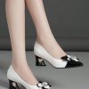 Shoes zolucky | Elegant Flower Color-Block Spool Heel Pumps With Rhinestone Embellishments Black-White