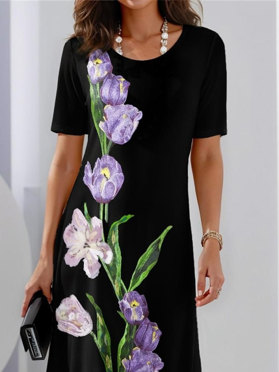 Dresses zolucky | Casual Crew Neck Jersey Floral Dress Black