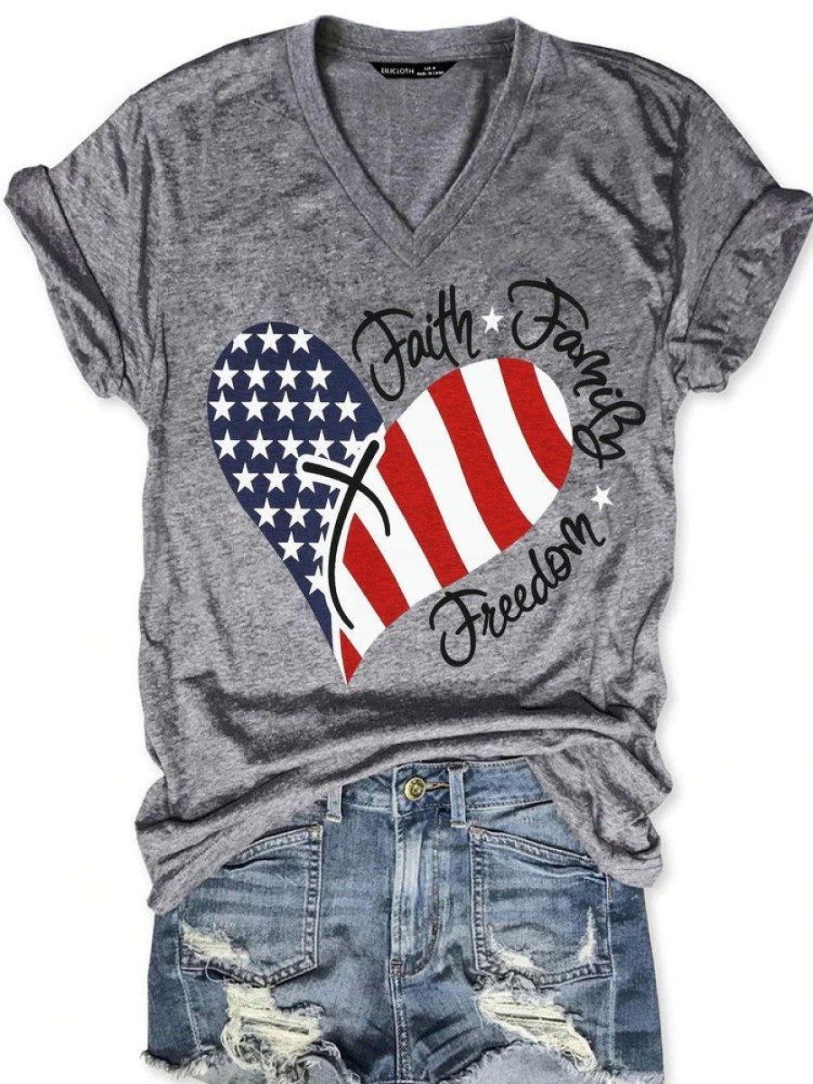 Topshot zolucky | American Flag Print Faith Family Freedom Letter Casual Short Sleeve T-Shirt