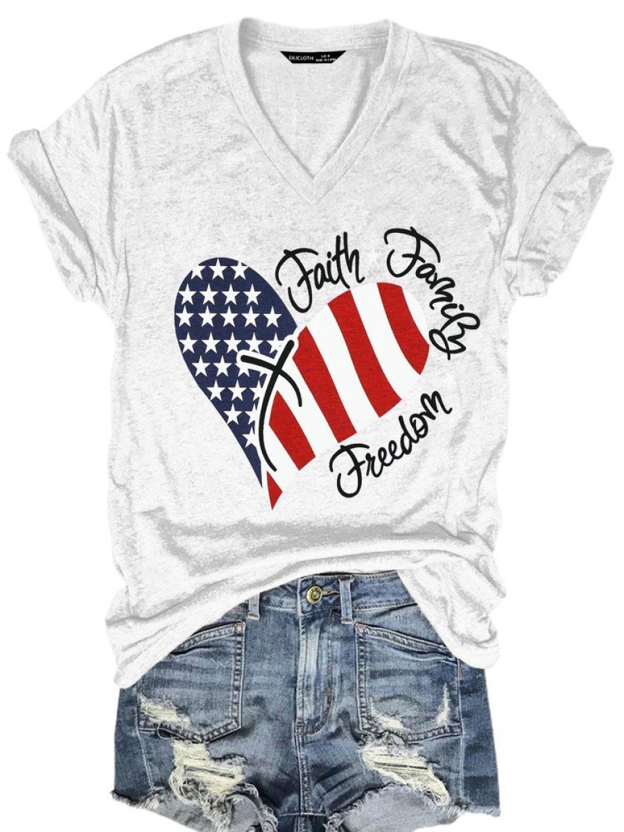 Topshot zolucky | American Flag Print Faith Family Freedom Letter Casual Short Sleeve T-Shirt