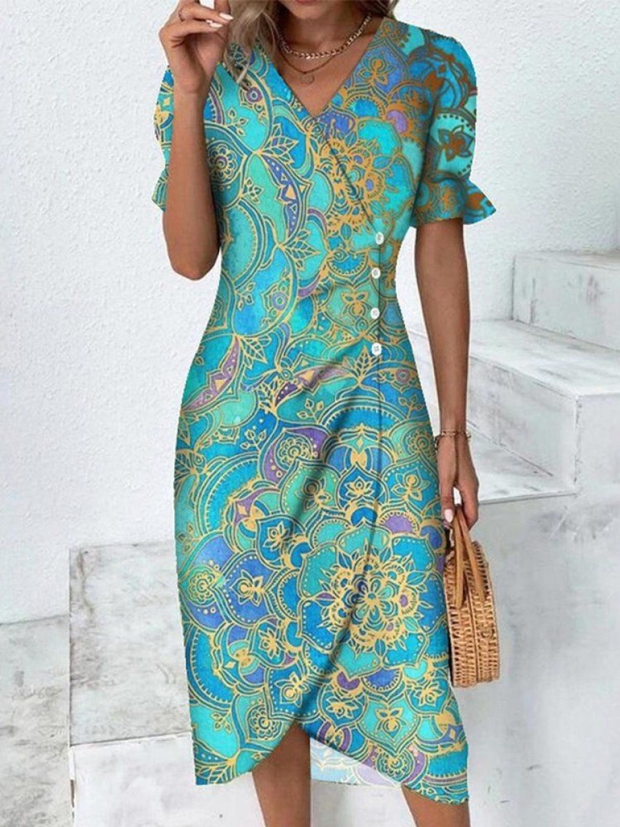 Dresses zolucky | Ethnic V Neck Elegant Dress