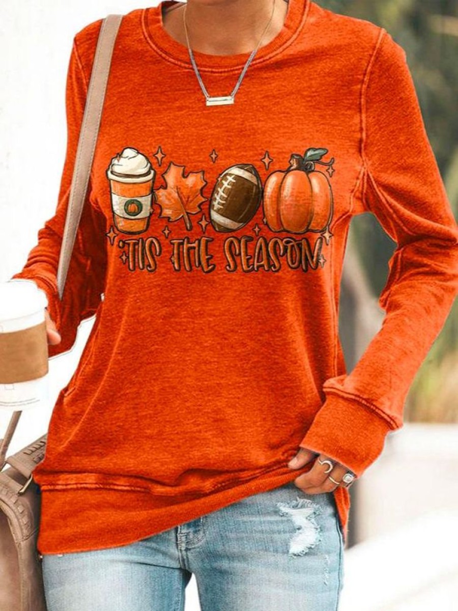 Topshot zolucky | Casual Halloween Football Tis The Season Pumpkin Maple Leaf Print Sweatshirt Orange