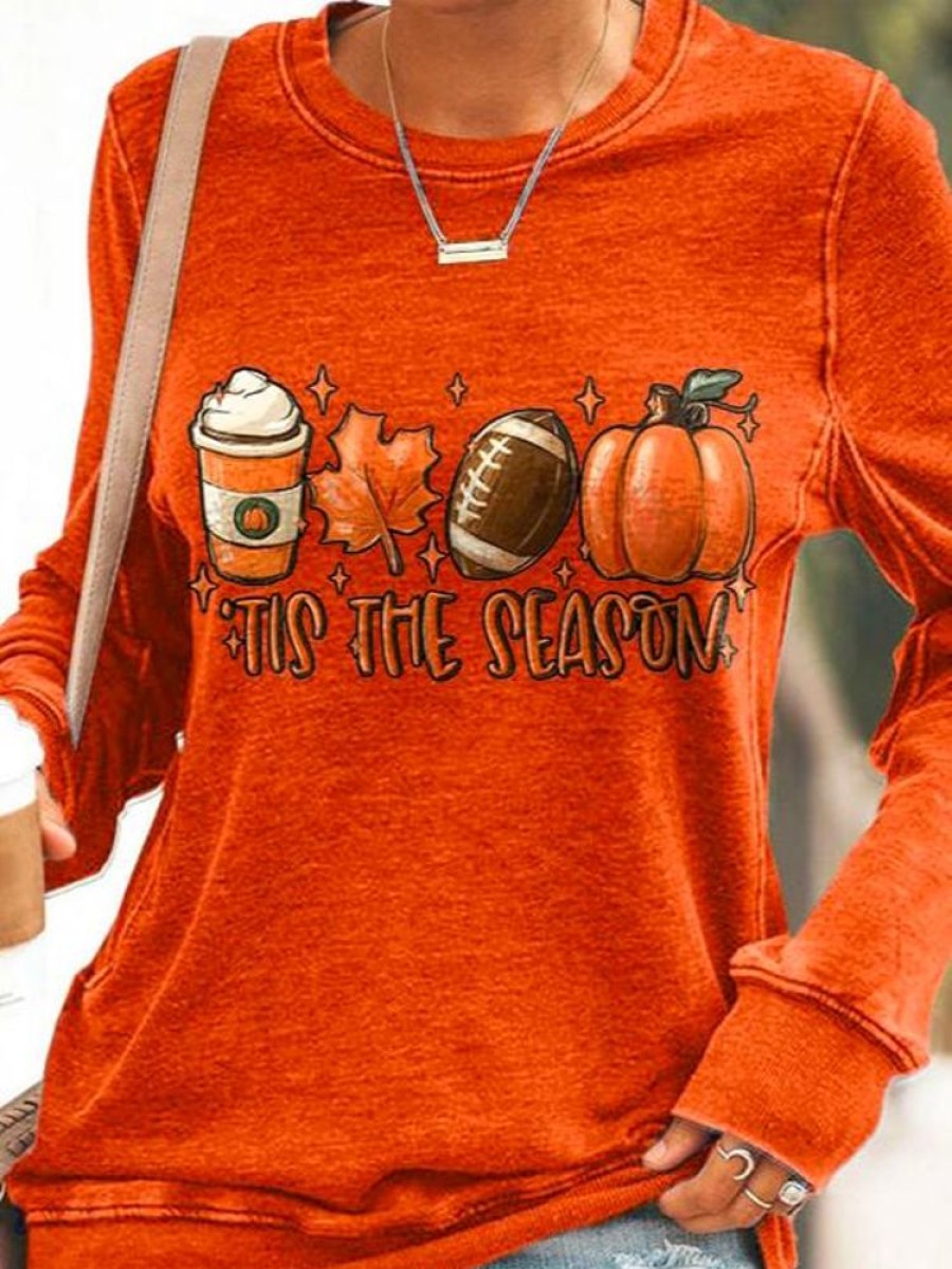 Topshot zolucky | Casual Halloween Football Tis The Season Pumpkin Maple Leaf Print Sweatshirt Orange