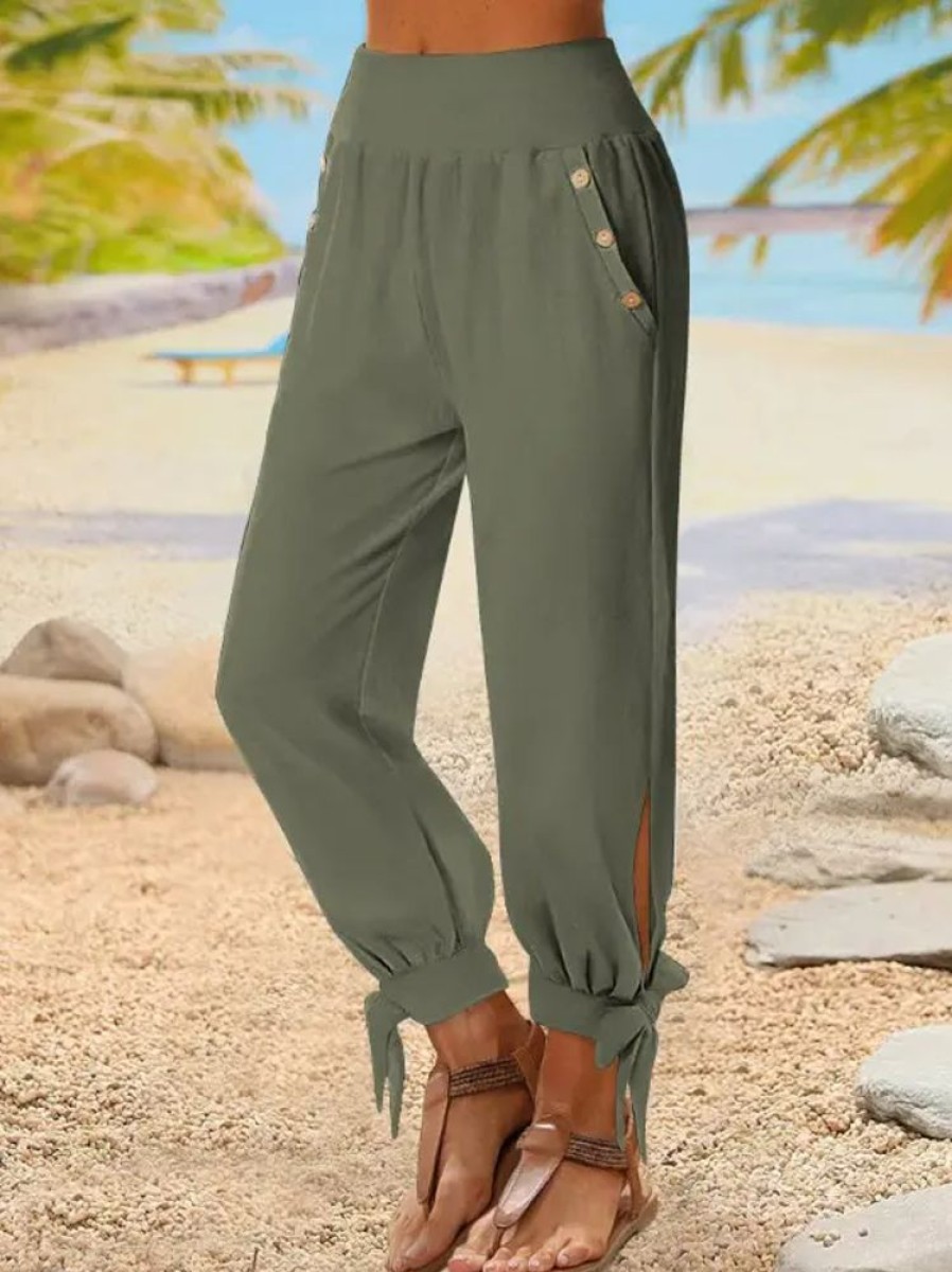 Bottoms zolucky | Casual Buckle Loose Plain Ankle Straight Pants With Pockets Green