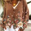 Topshot zolucky | Casual Floral Shift V Neck Sweater Coat Khaki