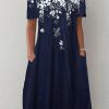 Dresses zolucky | Floral Casual Short Sleeve Pockets A-Line Dress Dark Blue