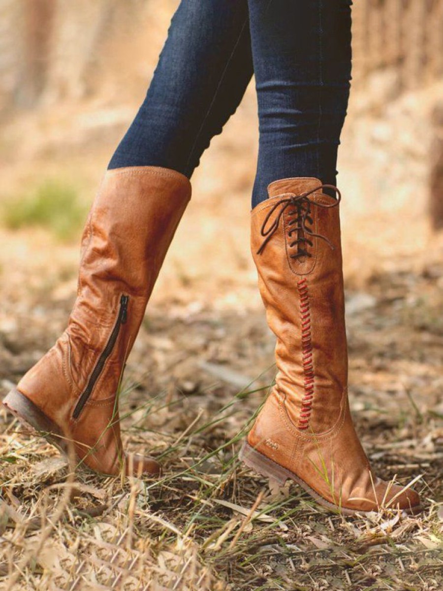 Shoes zolucky | Vintage Distressed Lace-Up High Riding Boots Brown