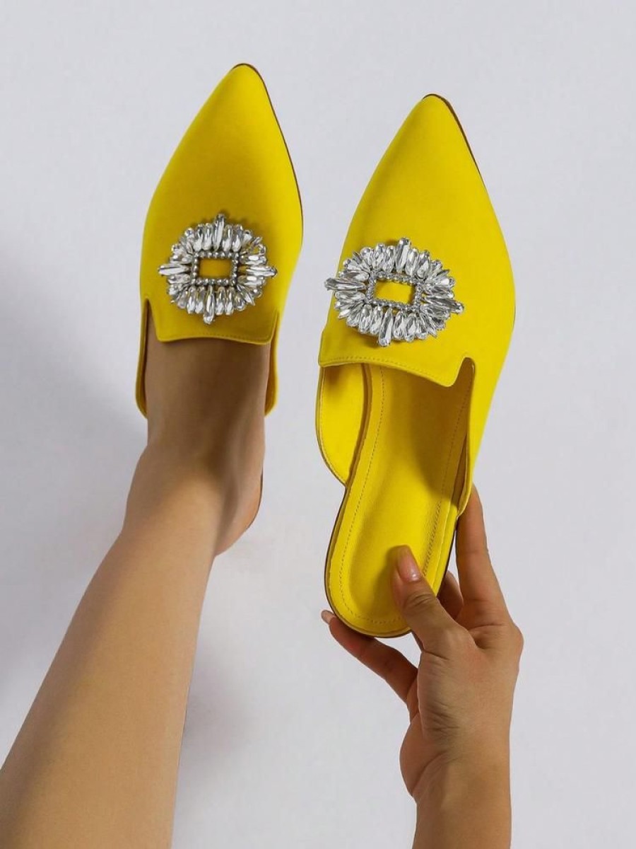 Shoes zolucky | Fashion Rhinestone Decor Flat Heel Mules Yellow