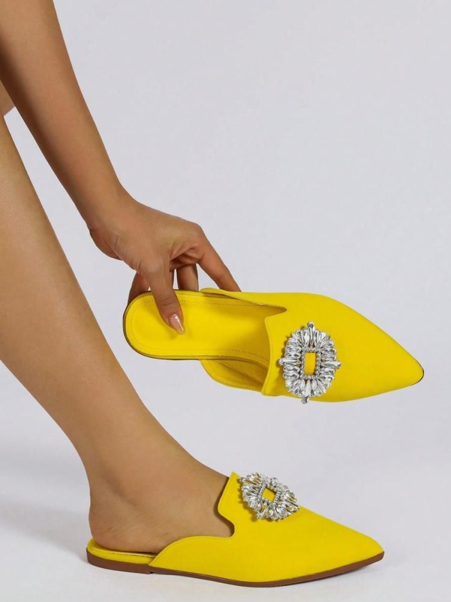 Shoes zolucky | Fashion Rhinestone Decor Flat Heel Mules Yellow