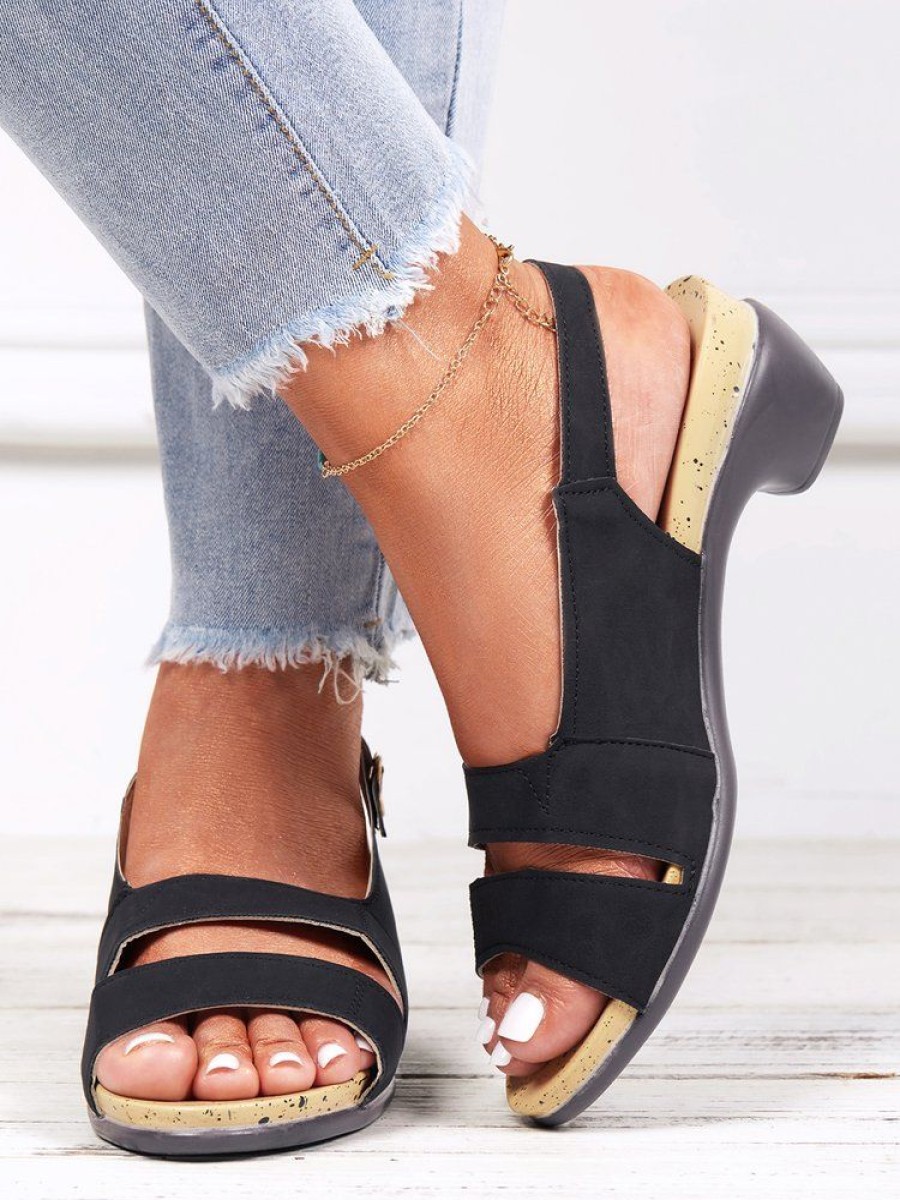 Shoes zolucky | Solid Color Vintage Casual Chunky Heel Sandals