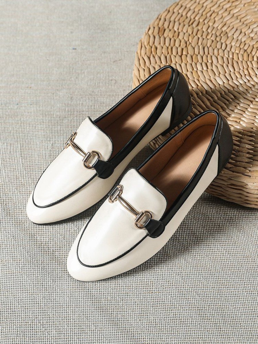 Shoes zolucky | Urban Minimalist Metal Decor Color Block Loafers Off White