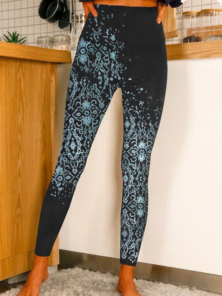 Bottoms zolucky | Casual Jersey Ethnic Printed Leggings Black