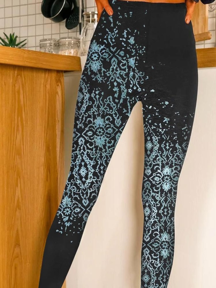 Bottoms zolucky | Casual Jersey Ethnic Printed Leggings Black