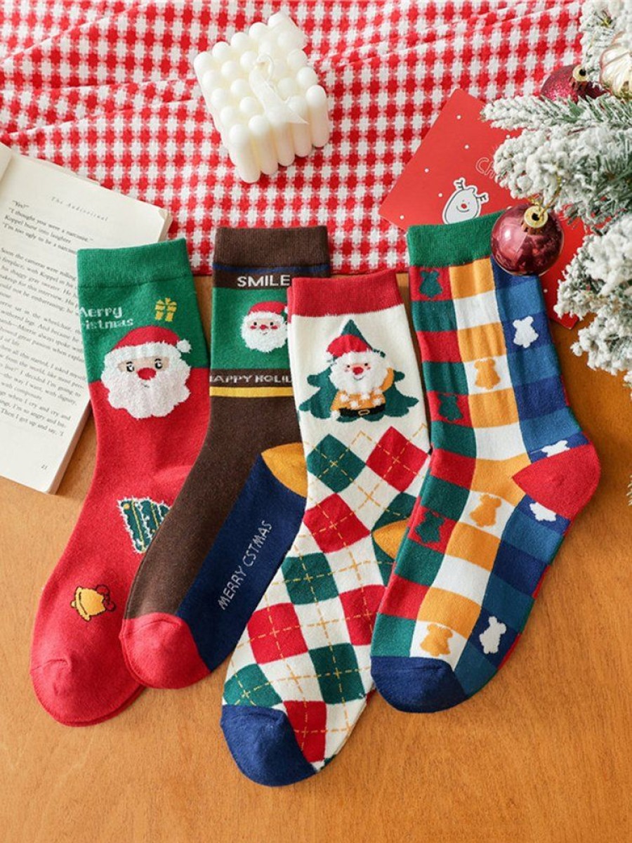 Accessories zolucky | 4Pairs/Set Christmas Santa Claus Women Mid-Calf Socks In Box As Picture