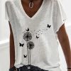 Topshot zolucky | Dandelion Pattern Short Sleeve V Neck Casual T-Shirt White