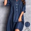 Dresses zolucky | Half Open Collar Denim Pleated Casual Dress Blue