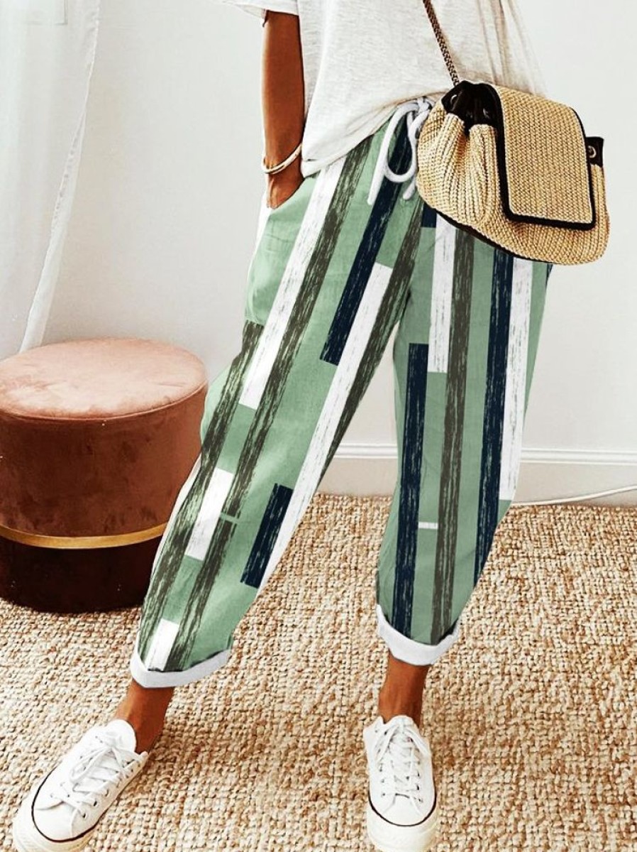 Bottoms zolucky | Loose Abstract Stripes Drawstring Casual Pants Green