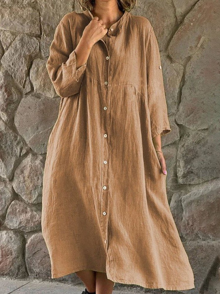 Dresses zolucky | Cotton Casual Loose Plain Dress