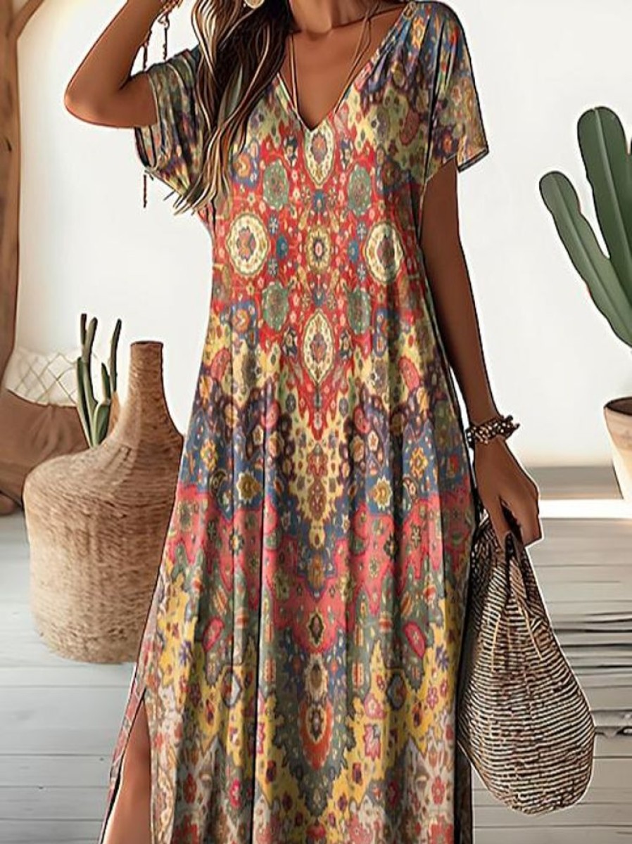 Dresses zolucky | Nationality/Ethnic Casual V Neck Loose Dress Multicolor