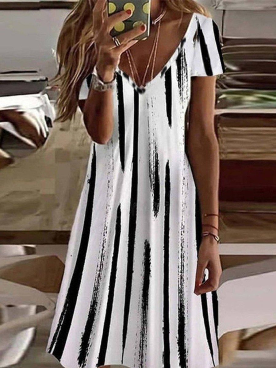 Dresses zolucky | Striped V Neck Casual Short Sleeve Dress White