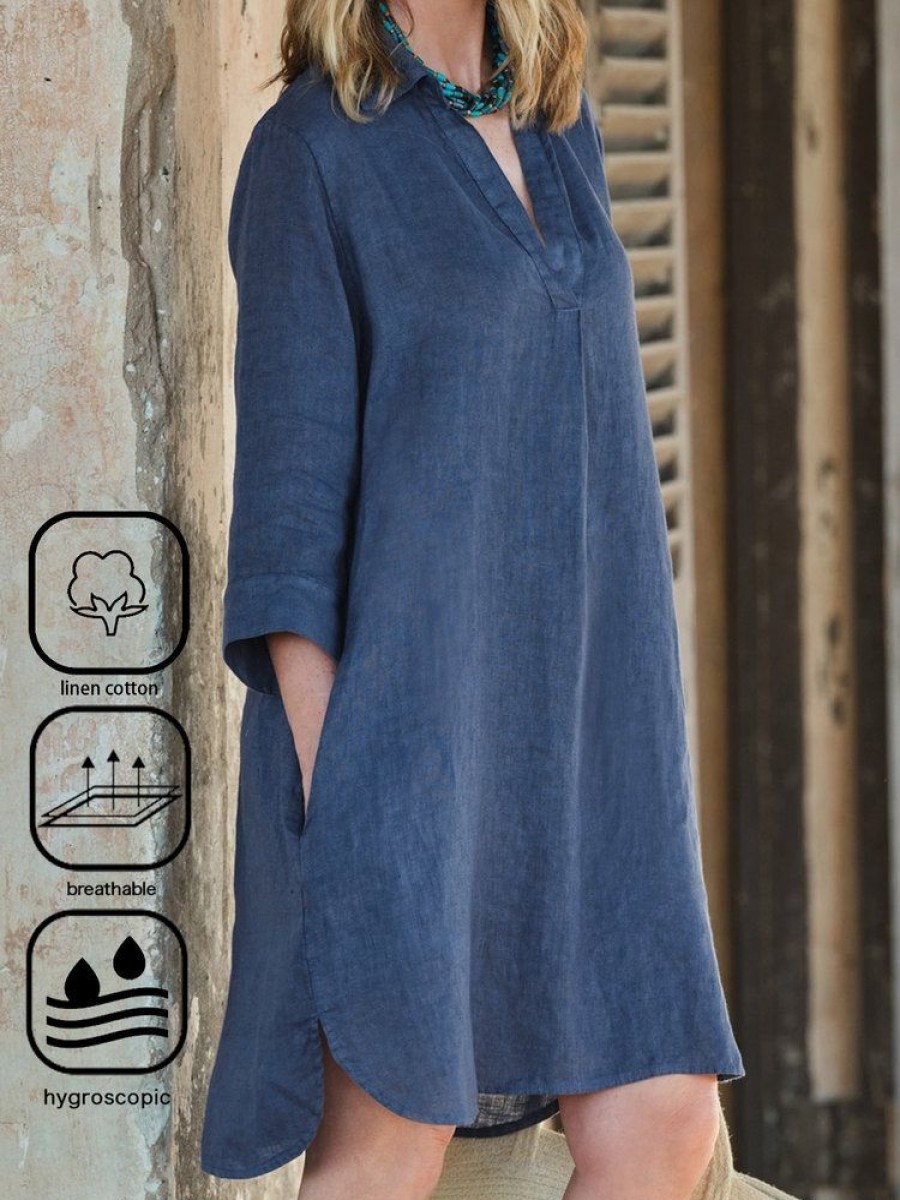 Dresses zolucky | Loose Casual Shawl Collar Pocket Stitching Dress Blue