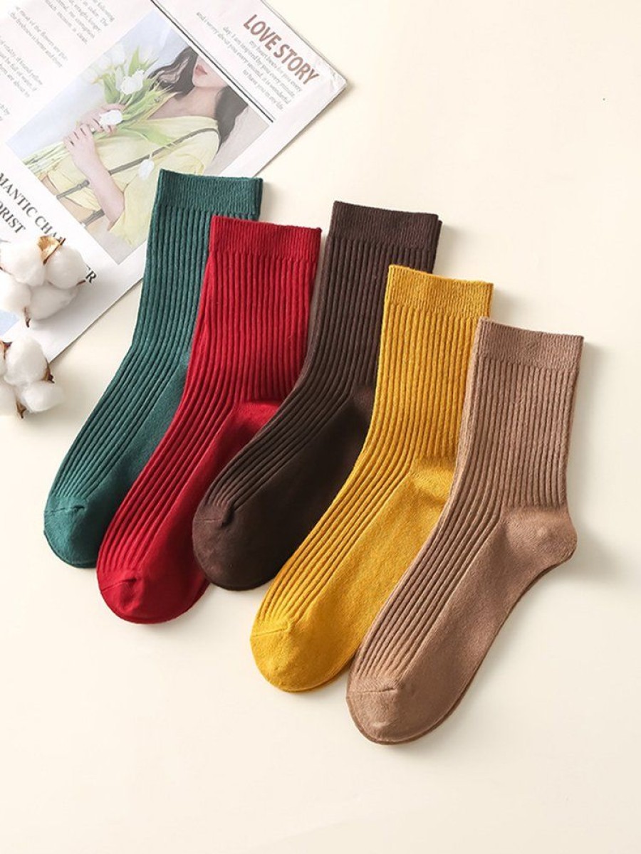 Accessories zolucky | 1Pair Women Casual Plain Striped Mid-Calf Socks