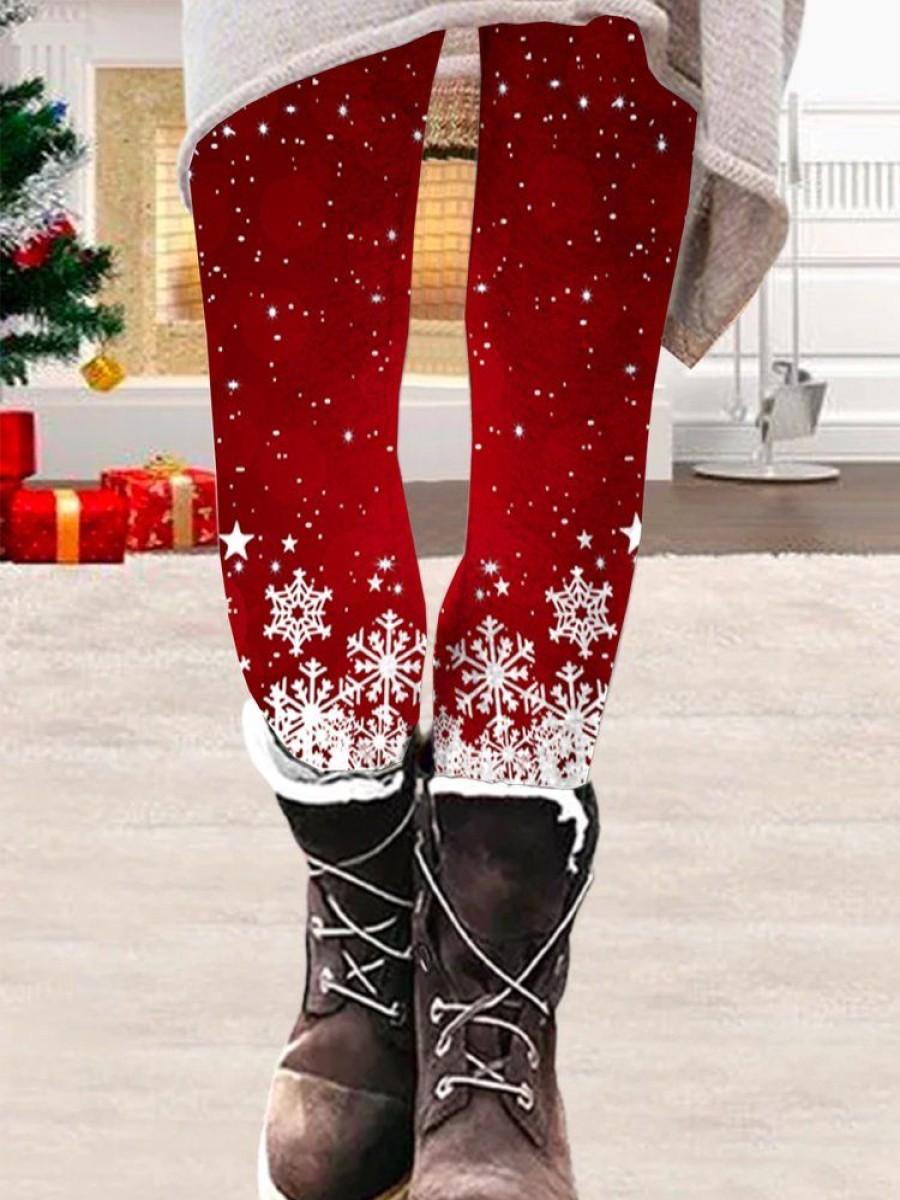 Bottoms zolucky | Casual Christmas Snowflake Regular Fit Leggings Xmas Leggings Red