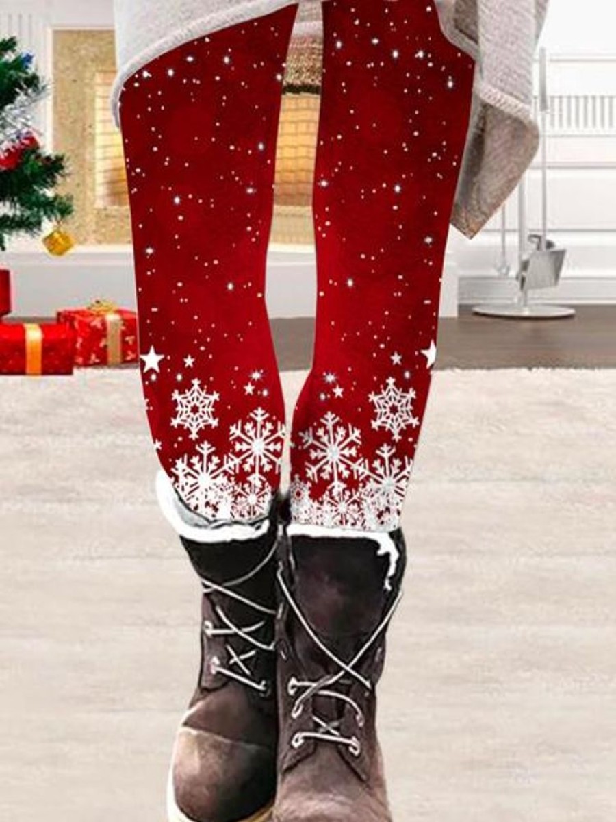 Bottoms zolucky | Casual Christmas Snowflake Regular Fit Leggings Xmas Leggings Red