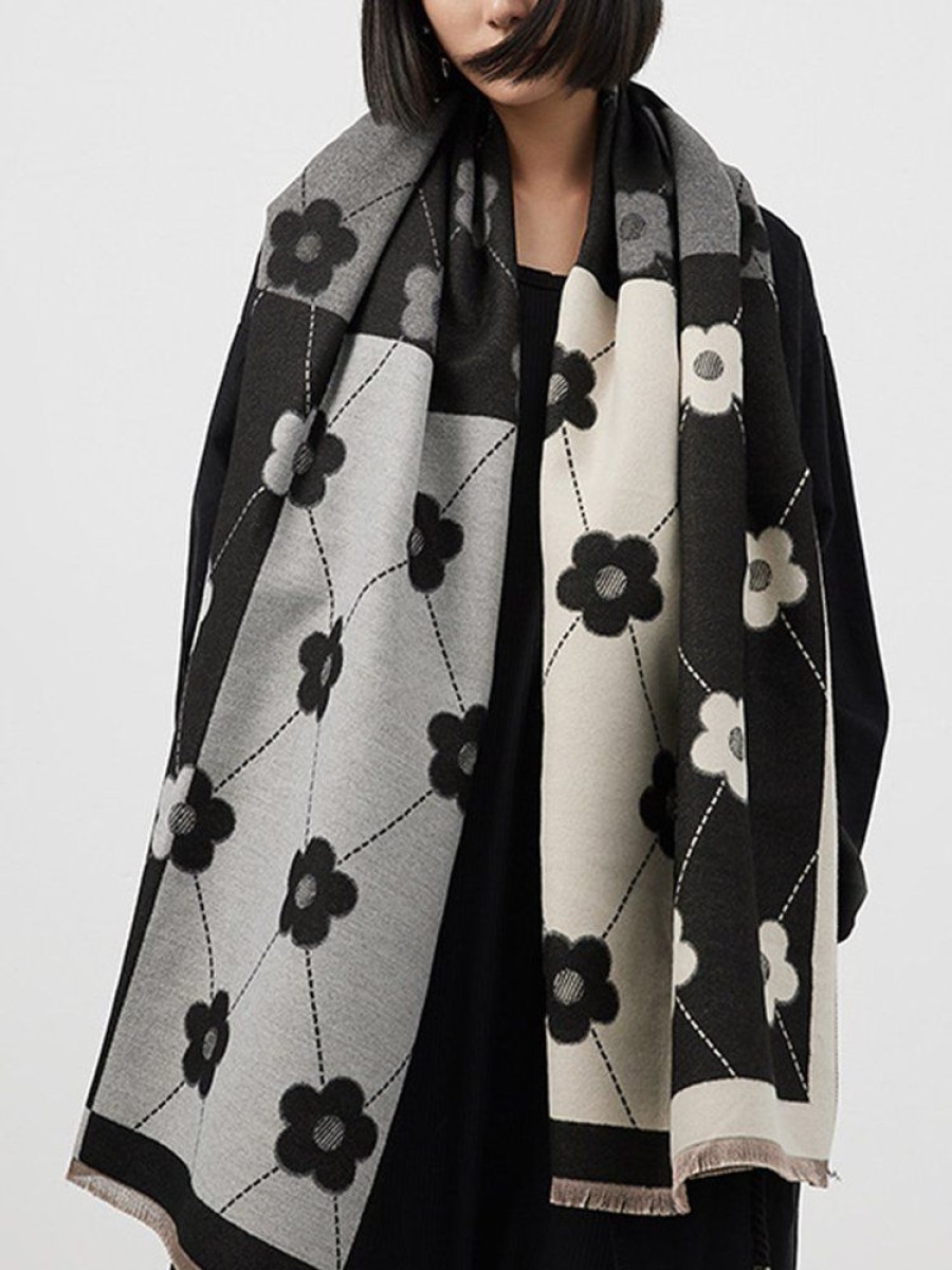 Accessories zolucky | Elegant Floral Color Block Imitation Scarf Cashmere Warm Shawl As Picture