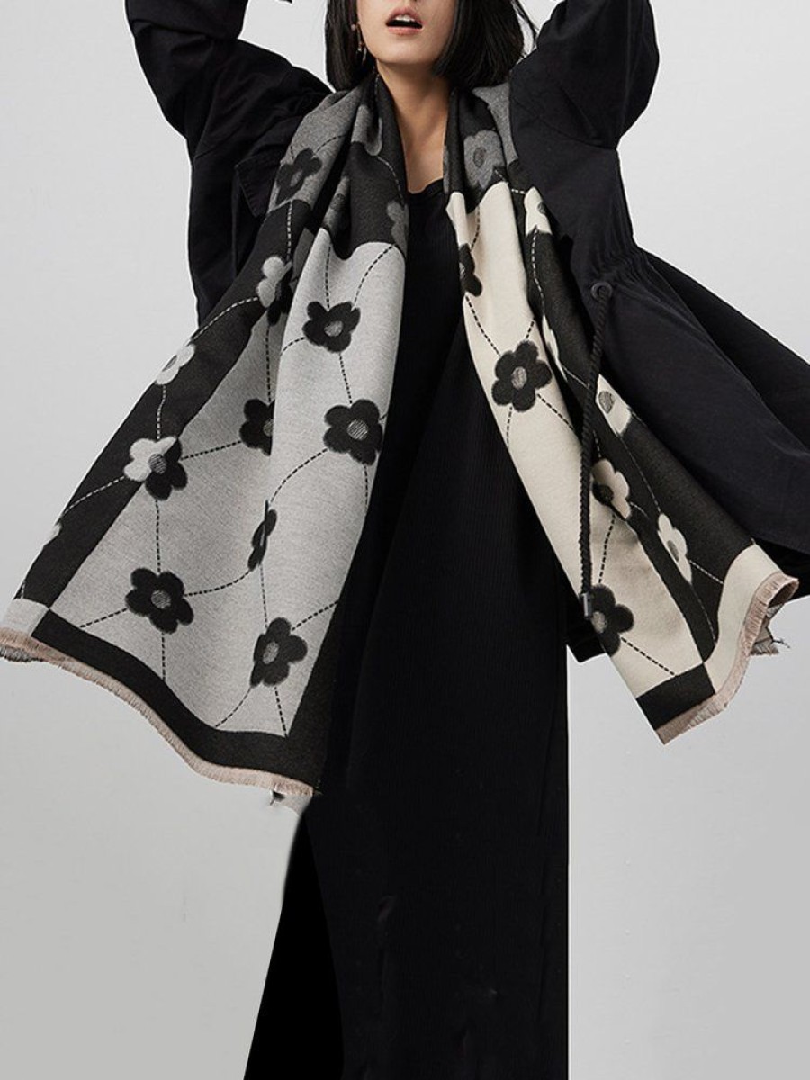 Accessories zolucky | Elegant Floral Color Block Imitation Scarf Cashmere Warm Shawl As Picture