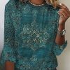 Topshot zolucky | Mystery Mandala Printed Ethnic Floral Flared 3/4 Sleeve Loose Crew Neck T-Shirt Green