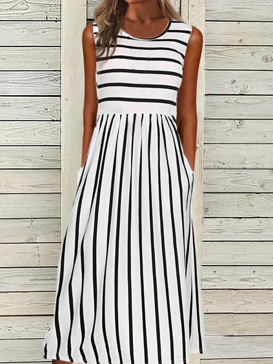 Dresses zolucky | Striped Casual Crew Neck H-Line Sleeveless T-Shirt Maxi Dress