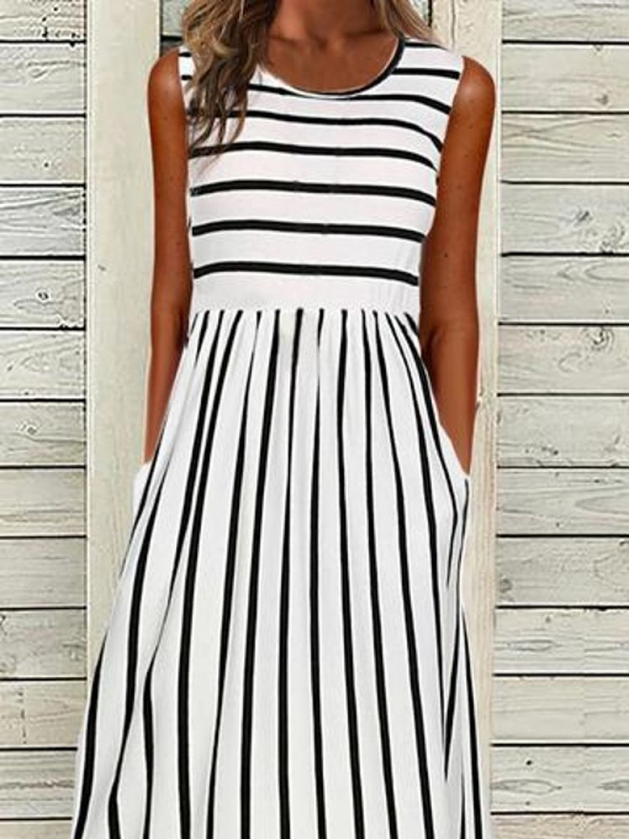 Dresses zolucky | Striped Casual Crew Neck H-Line Sleeveless T-Shirt Maxi Dress