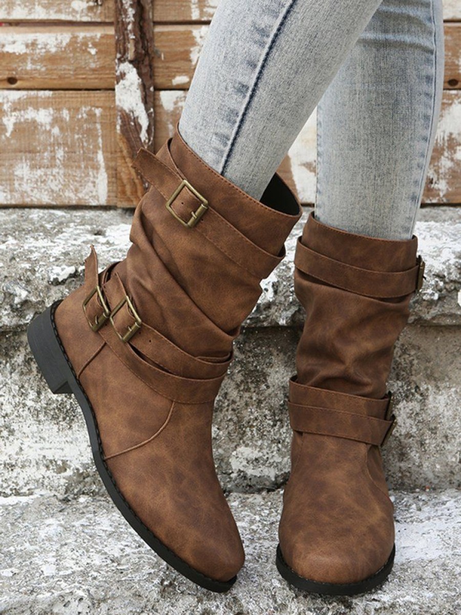 Shoes zolucky | Ruched Buckle Casual Leather Booties