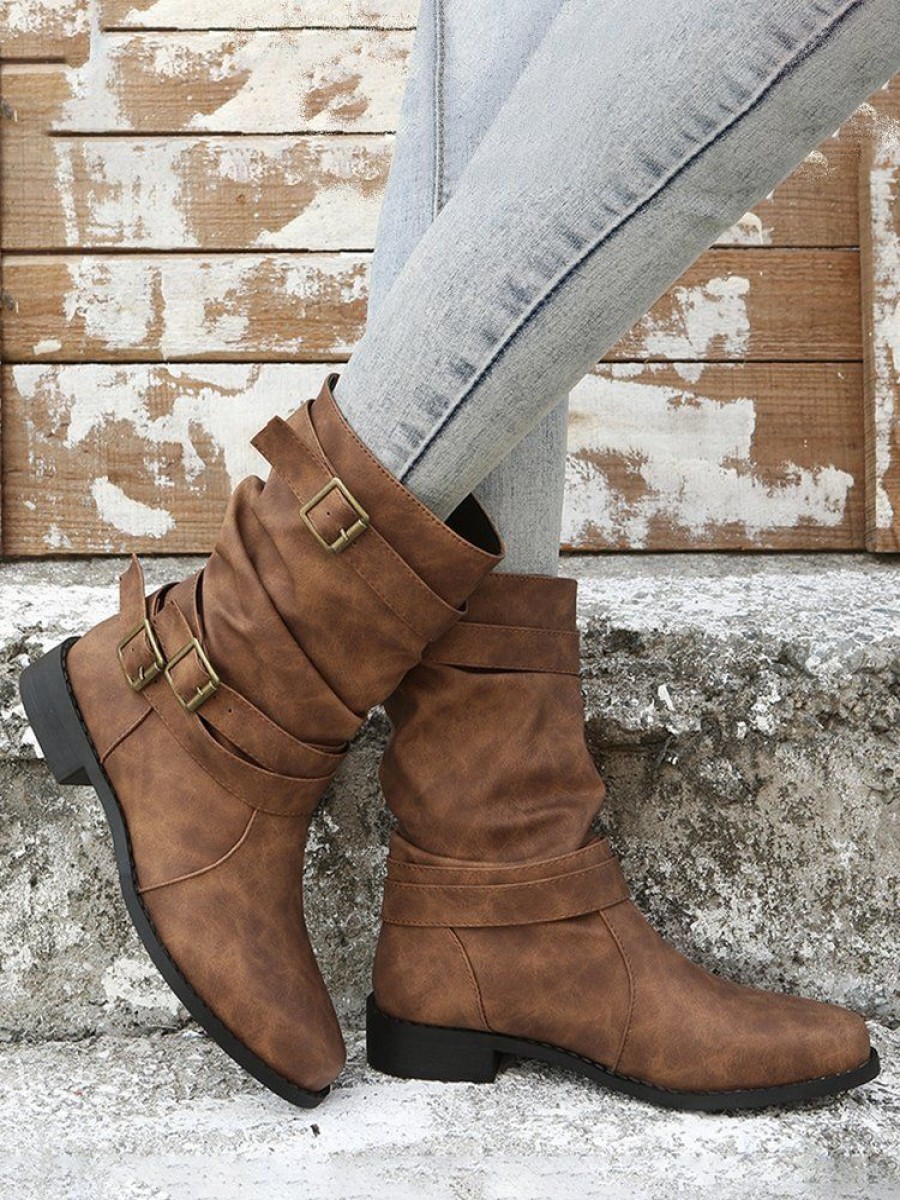 Shoes zolucky | Ruched Buckle Casual Leather Booties